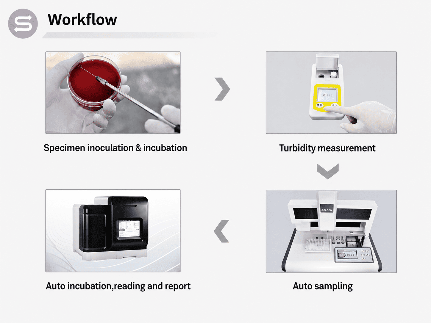 Automated testing workflow diagram para sa MCL3066 microbial system: inoculation, turbidity, auto sampling, at pagbabasa.