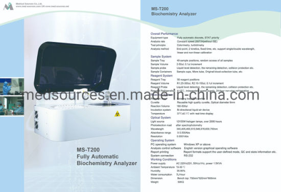 Analyseur de chimie entièrement automatique d'analyseur de biochimie d'équipement de laboratoire (MS-T200)