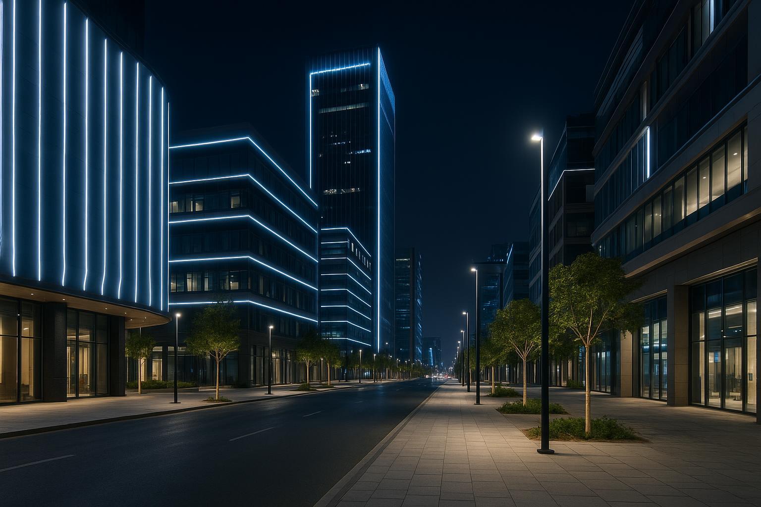 건축용 LED 조명과 스마트 시티 느낌을 갖춘 현대적인 야간 도시 거리