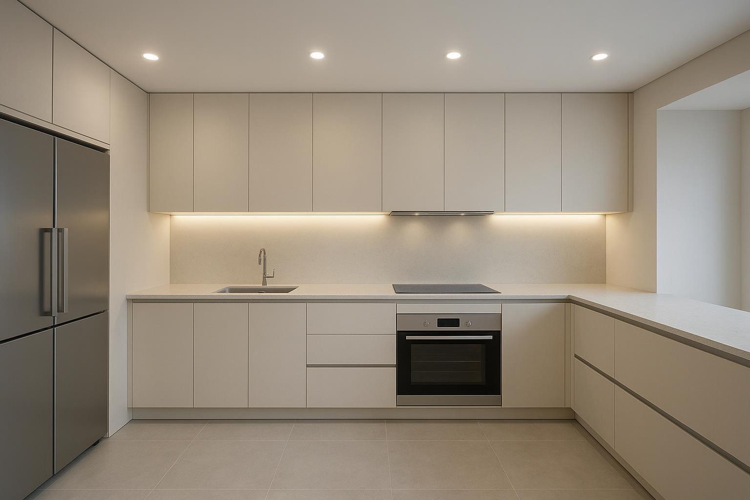 Photorealistic kitchen na zamani tare da haske gabaɗaya mai haske da lafazin dabara akan kabad