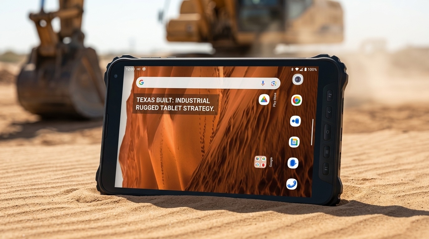 Tablet robusto Aozora K8 Active in un polveroso cantiere del Texas