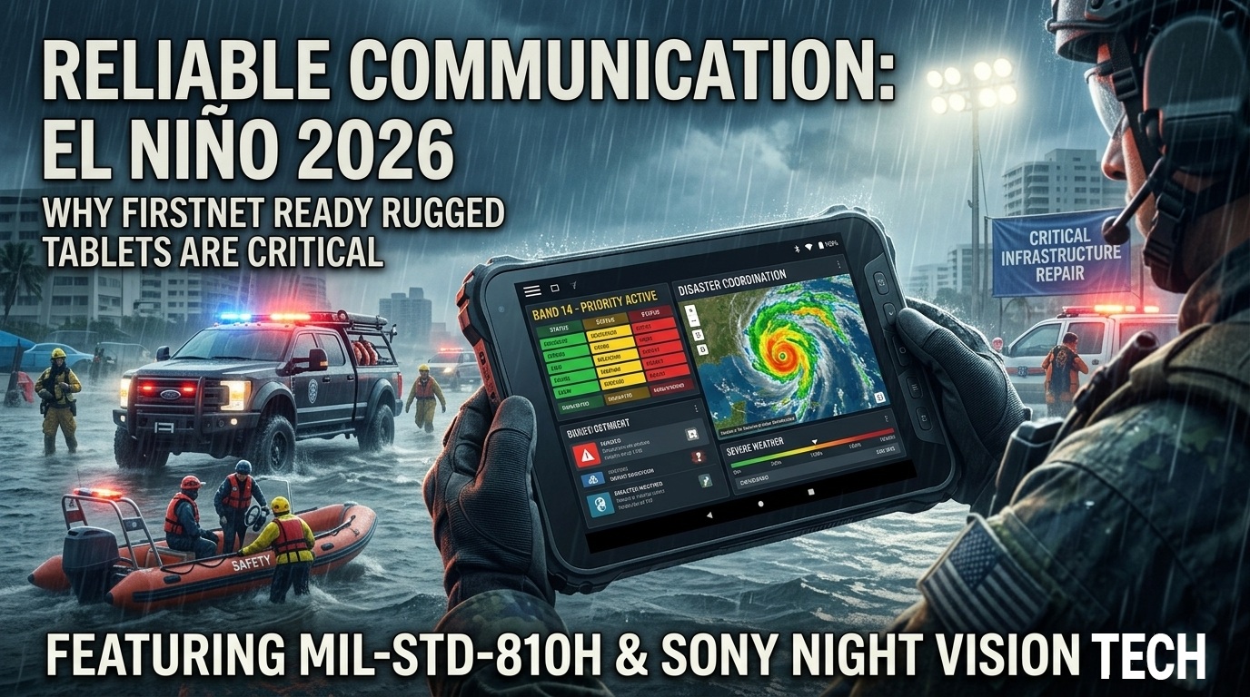 Robustes Industrie-Tablet, das bei starkem Regen w&auml;hrend der Rettung nach El Ni&ntilde;o 2026 eingesetzt wurde.