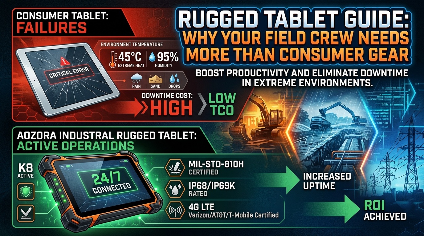 Comparison chart of consumer vs industrial rugged tablet survival. แผนภูมิเปรียบเทียบความอยู่รอดของแท็บเล็ตทนทานของผู้บริโภคเทียบกับอุตสาหกรรม