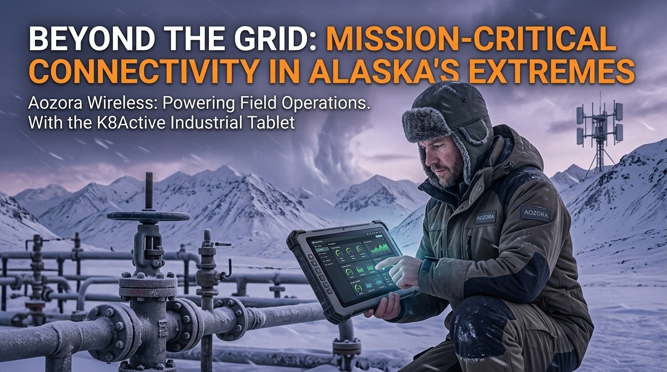 Das robuste Aozora K8 Active-Tablet wird in einem verschneiten &Ouml;lfeld in Alaska eingesetzt.
