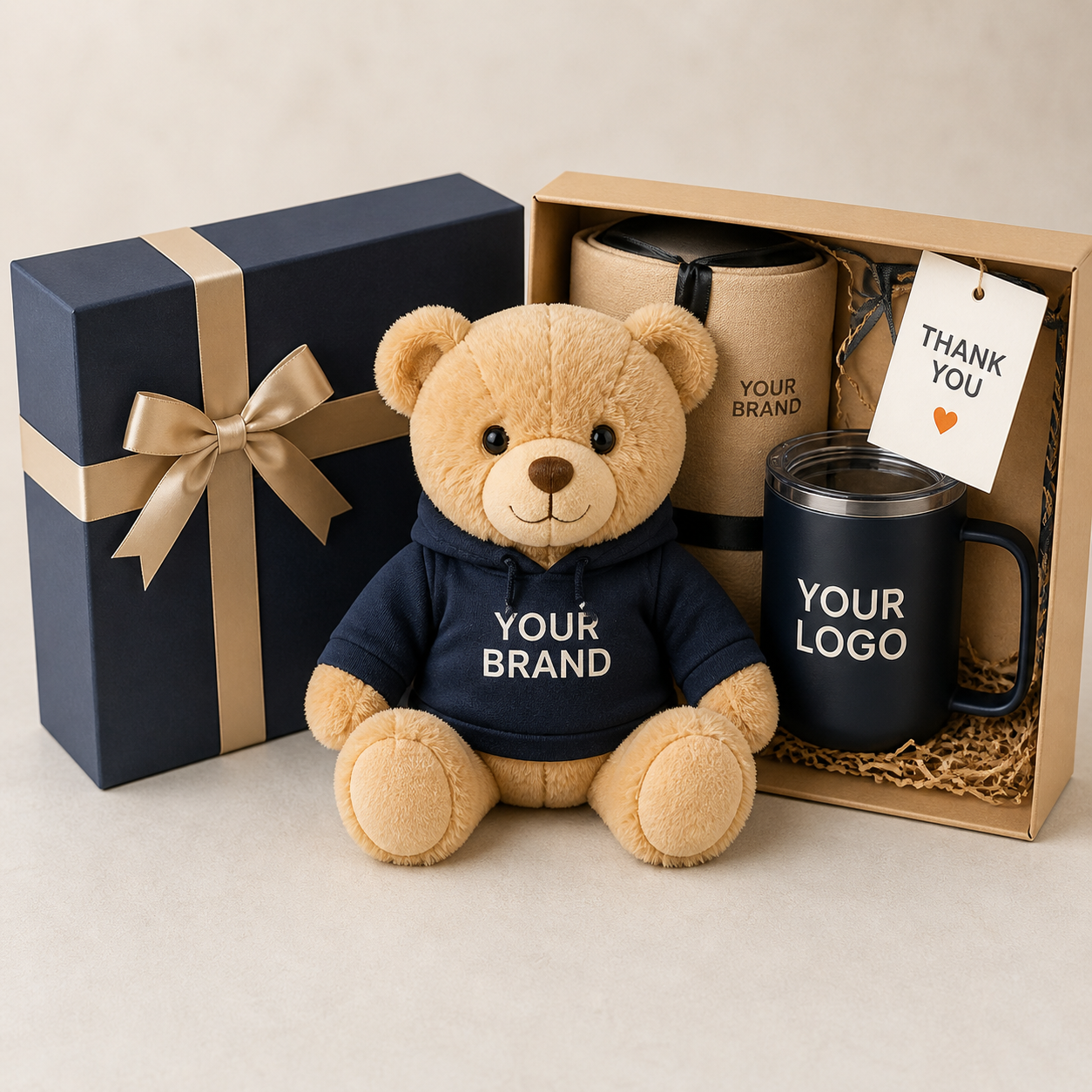Branded plush gift set with premium packaging for corporate promotional programs