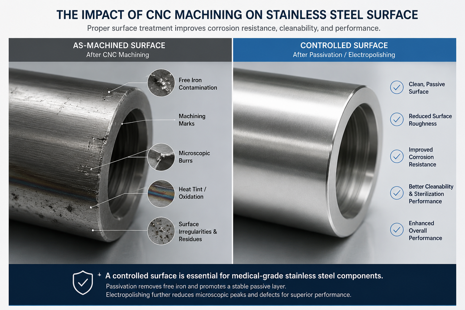 Superficie de acero inoxidable mecanizada por CNC que muestra rebabas, marcas de mecanizado, tinte t&eacute;rmico y contaminaci&oacute;n de la superficie.png