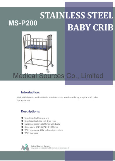 (MS-P200) Hospital Cama infantil pediátrica inoxidable Cama para bebé recién nacido