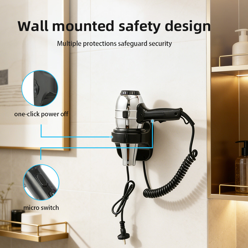 Asciugacapelli per hotel montato a parete con microinterruttore di sicurezza, spegnimento con un clic e staffa di montaggio per bagni di hotel